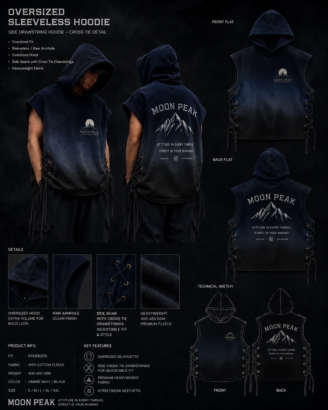 Ridgeline Sleeveless Hoodie — Navy to Black