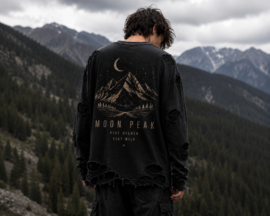 Moon Peak Full Sleeve Tee — Washed Charcoal Black