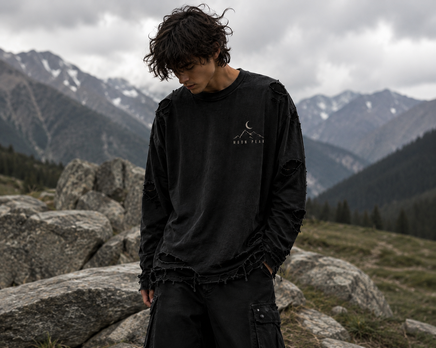 Moon Peak Full Sleeve Tee — Washed Charcoal Black
