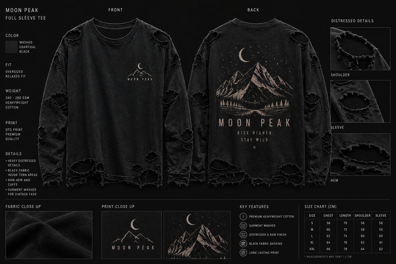 Moon Peak Full Sleeve Tee — Washed Charcoal Black