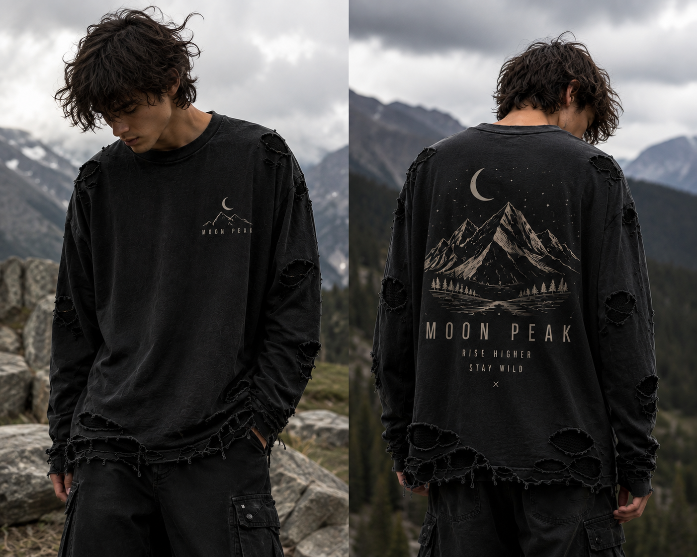 Moon Peak Full Sleeve Tee — Washed Charcoal Black