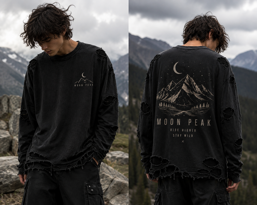 Moon Peak Full Sleeve Tee — Washed Charcoal Black