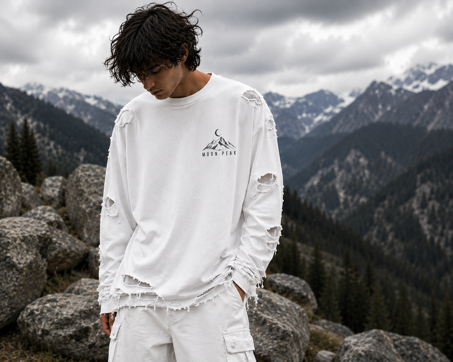 Moon Peak Full Sleeve Tee — Washed White